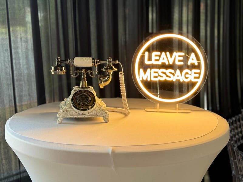 RK360 Audio Guest Book vintage telephone with a Leave A Message sign